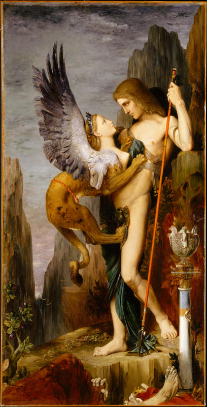 Oedipus and the Sphinx coarsely Gustave Moreau 005 

from https://upload.wikimedia.org/wikipedia/commons/9/93/Gustave_Moreau_005.jpg