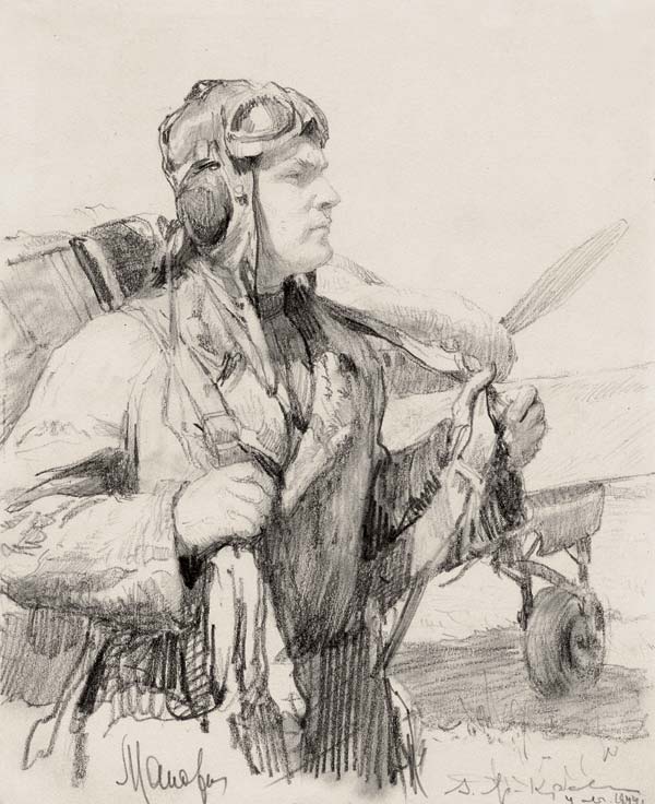 «ГСС лётчик-штурмовик Капитан Александр Николаевич Манохин», 1944, 22х18 см, бумага, карандаш.
По книге: «ГСС Александр  Манохин»,