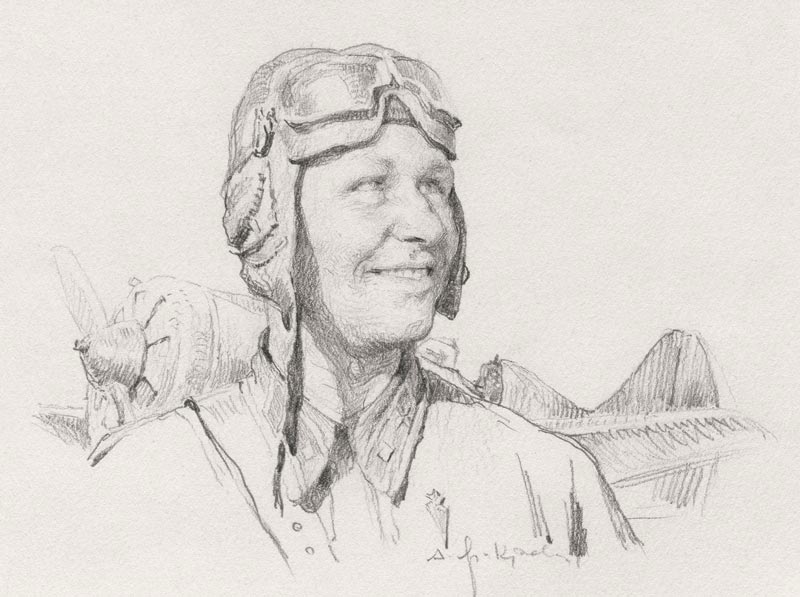 "ГСС Лётчик С.И. Здоровцев", 1944, 11х15 см.
Бумага, карандаш.
По книге "ГСС Степан Здоровцев"