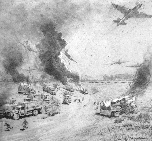 «Разгром нашей авиацией фашистской автоколонны», 1942 г.
По книге: «Разгром немецкой автоколонны».