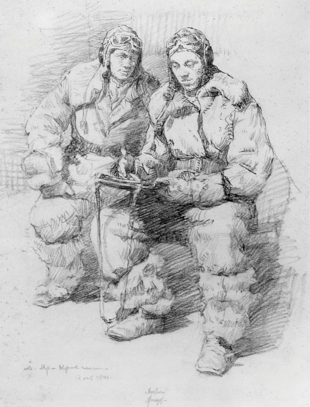 «Перед рейдом в глубокий тыл врага. За проработкой маршрута…», 17 окт. 1941 г., 
Бумага, карандаш.