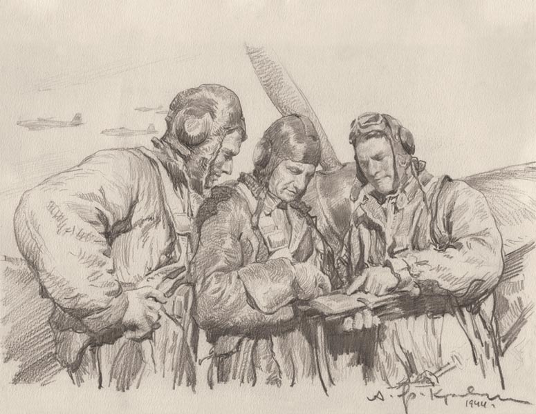 «Экипаж бомбардировщика «По-2» А.Кучеров, М.Андреев, А.Малин». 1944. Бумага, карандаш