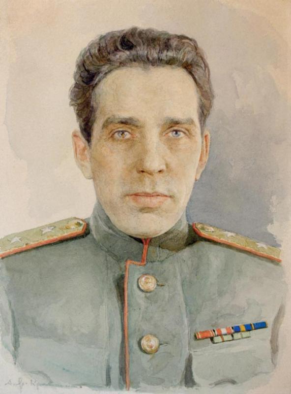 «Летчик-бомбардировщик Н.Кузнецов» акварель, по книге: Член Военного Совета Ленинградского Фронта генерал-лейтенант Алексей Александрович Кузнецов. 1944. 23х17 см
Акварель.