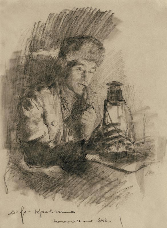 «Дежурный по КП в землянке с фонарём «летучая мышь», 22 января 1942 г., 33х25 см
Бумага, карандаш.
По книге: «Тусклый свет «летучей мыши» заменял в блокадные ночи долго отсутствовавшее электричество»