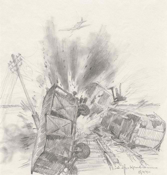 «Огненный таран Шаронова. 1944», 20х19 см, бумага, карандаш.
по книге: «Штурмовка железнодорожного эшелона. 1944»