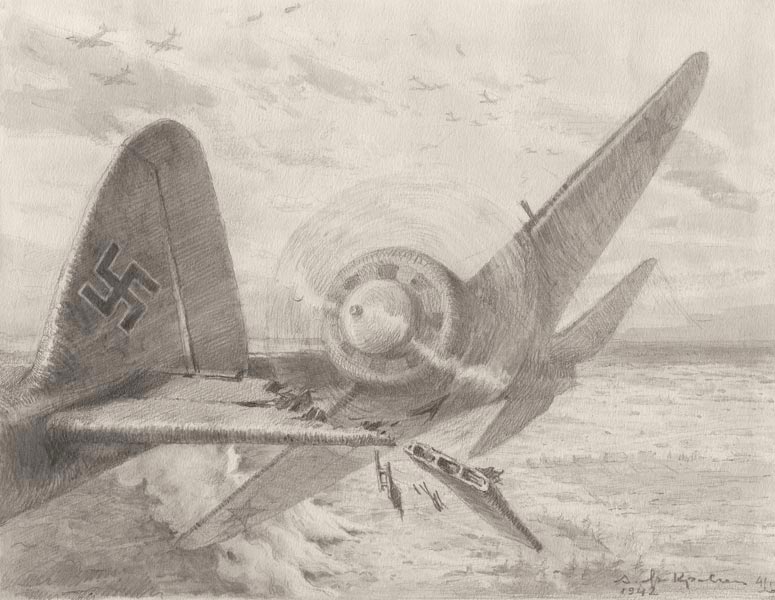 «Таран П.Харитоновым. 1942», 20,5х26,5 см
Бумага, карандаш.
По книге «Подвиг истребителя Петра Харитонова»