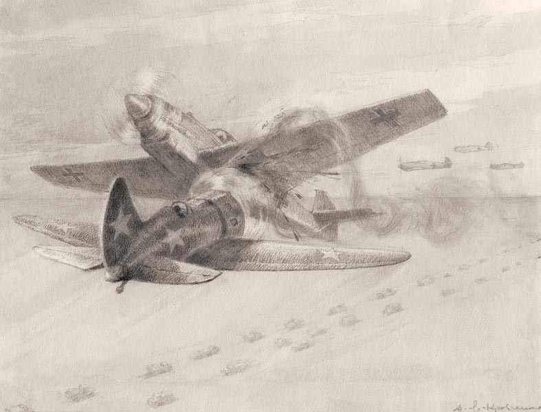 «Таран Е.П.Воронцова над Ладогой», 1943, 20х25 см.
Бумага, карандаш
По книге: «Лётчик-истребитель Е.Воронцов таранит фашистскую машину над Ладожским озером»