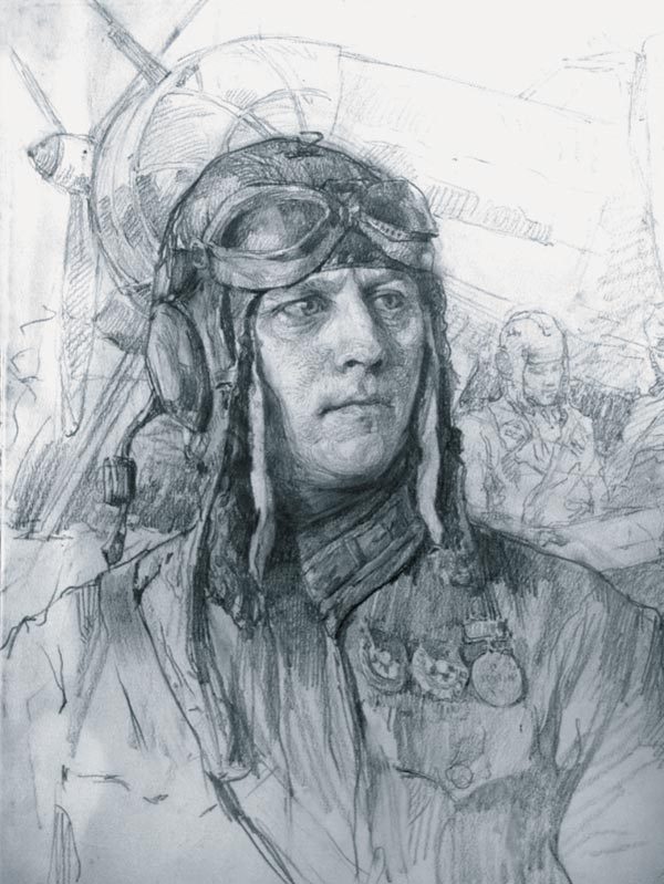 «ГСС Кузнецов», 1 окт. 1941 г., 38,2х29,5 см., бумага, ретушь (итальянский карандаш) 
По книге: «Лётчик-бомбардировщик Н.Кузнецов»