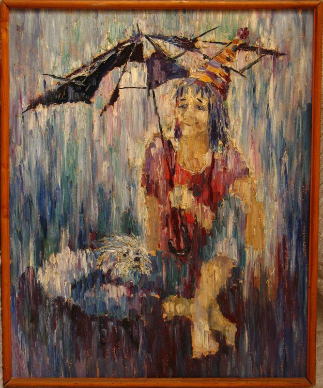 Клоун с зонтиком и маленькой собачкой. ДВП,масло