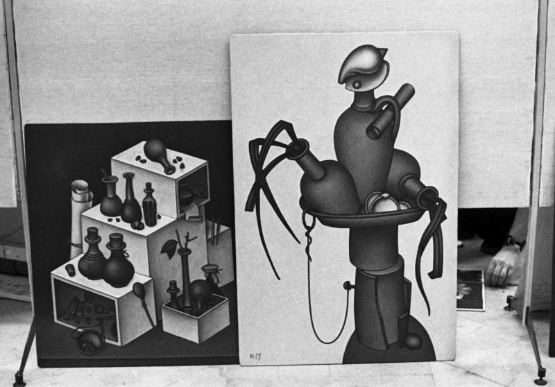 Развеска выставки в павильоне  "Пчеловодство", работы Краснопевцева, 1975
