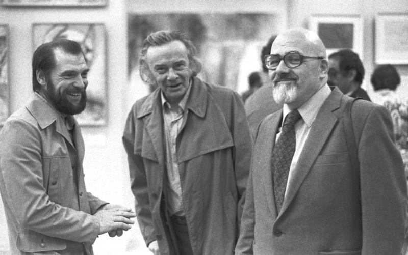 Вячеслав Калинин, Дм.Краснопевцев и Лев Кропивницкий. Выставка "25-ти графиков", одна из последних серьезных выставок в Горкоме, 1983