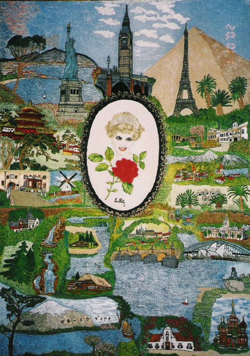 This painting is called "Diana - Princess of the world" = "Diana-princess of the World". 
70x100sm size. 
The painting was created by the type of potpourri that is pictures of the individual linked by one theme.